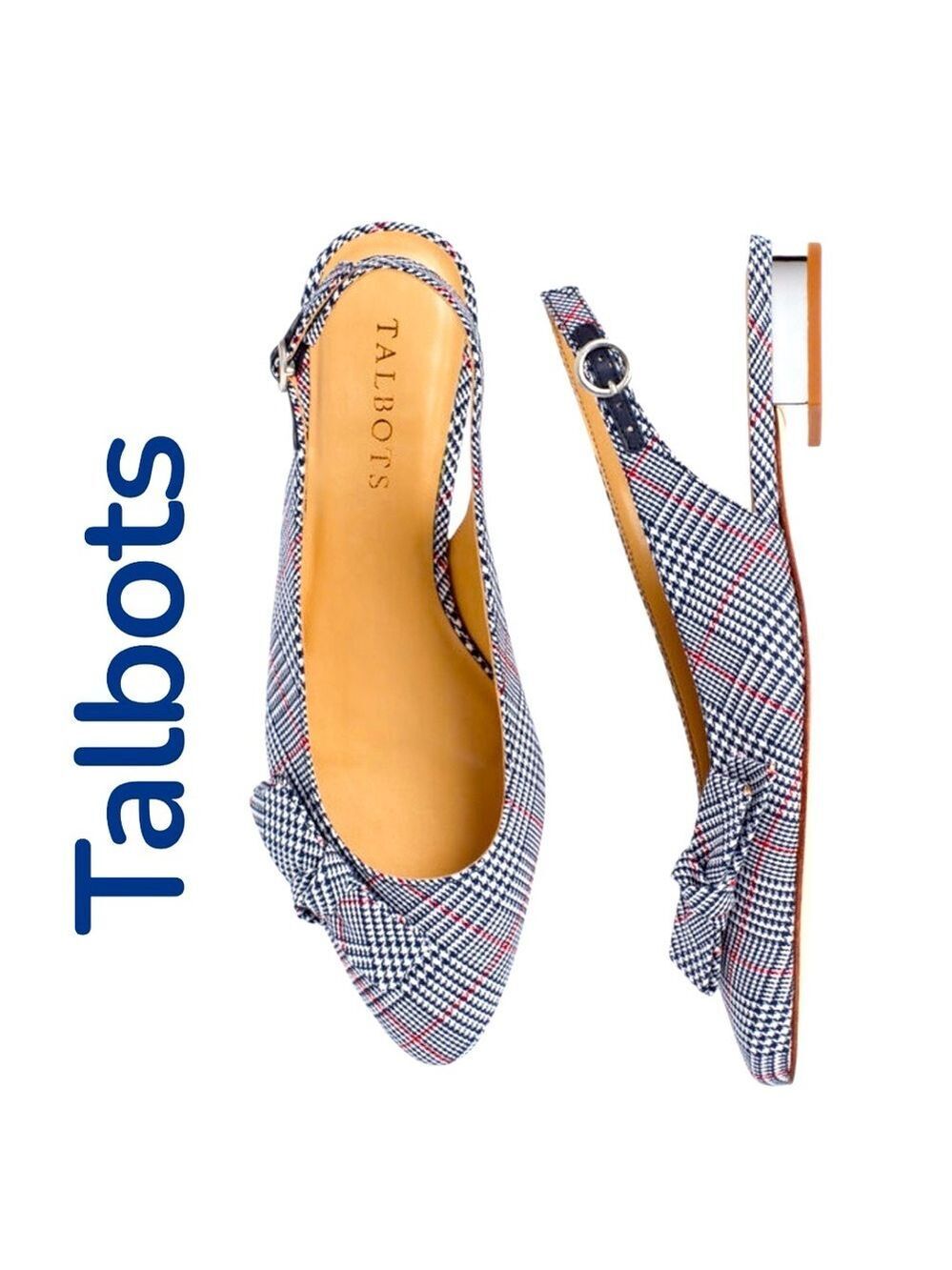 Talbots-NWOB Edison slingback sandal. Sz 7 Indigo blue/red glen plaid w/bow. New